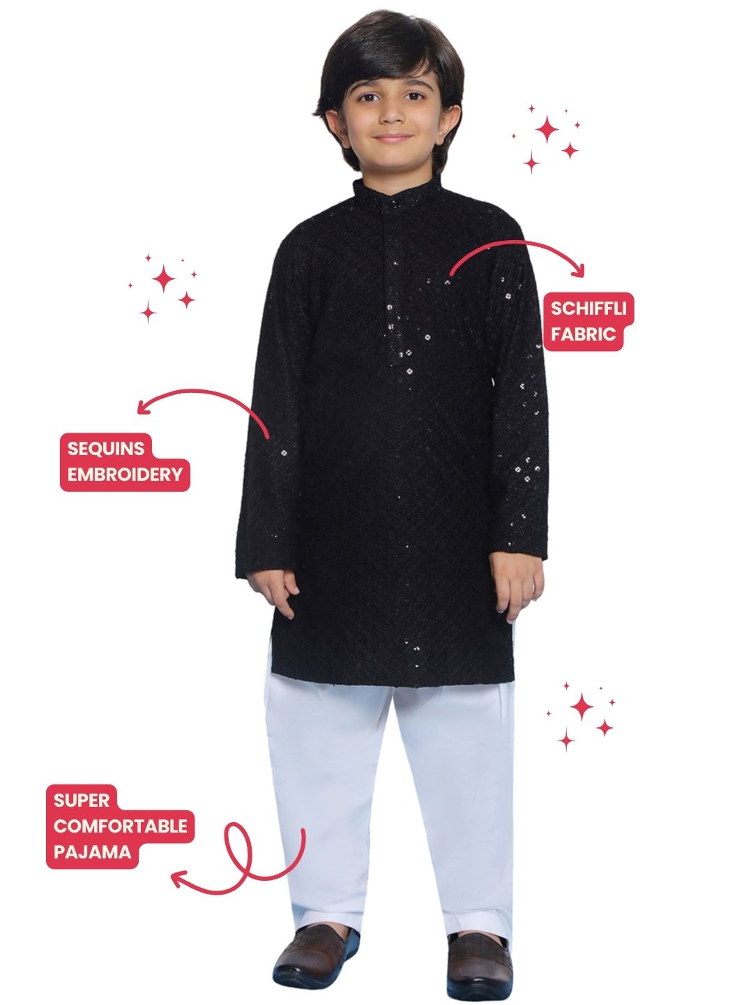 BLACK Schiffli Full sleeves Embroidered Kurta Pyjama Set for Boys