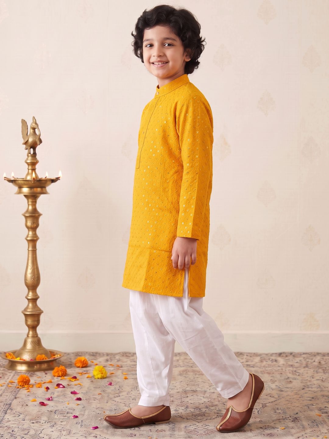 Dark Yellow Sequence Embroidery Cotton Blend Kurta Pyjama Set For Boys