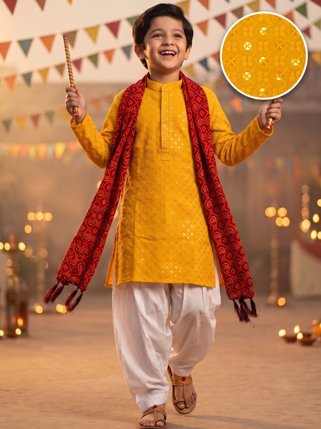 Dark Yellow Sequence Embroidery Cotton Blend Kurta Pyjama With Maroon Dupatta Set For Boys