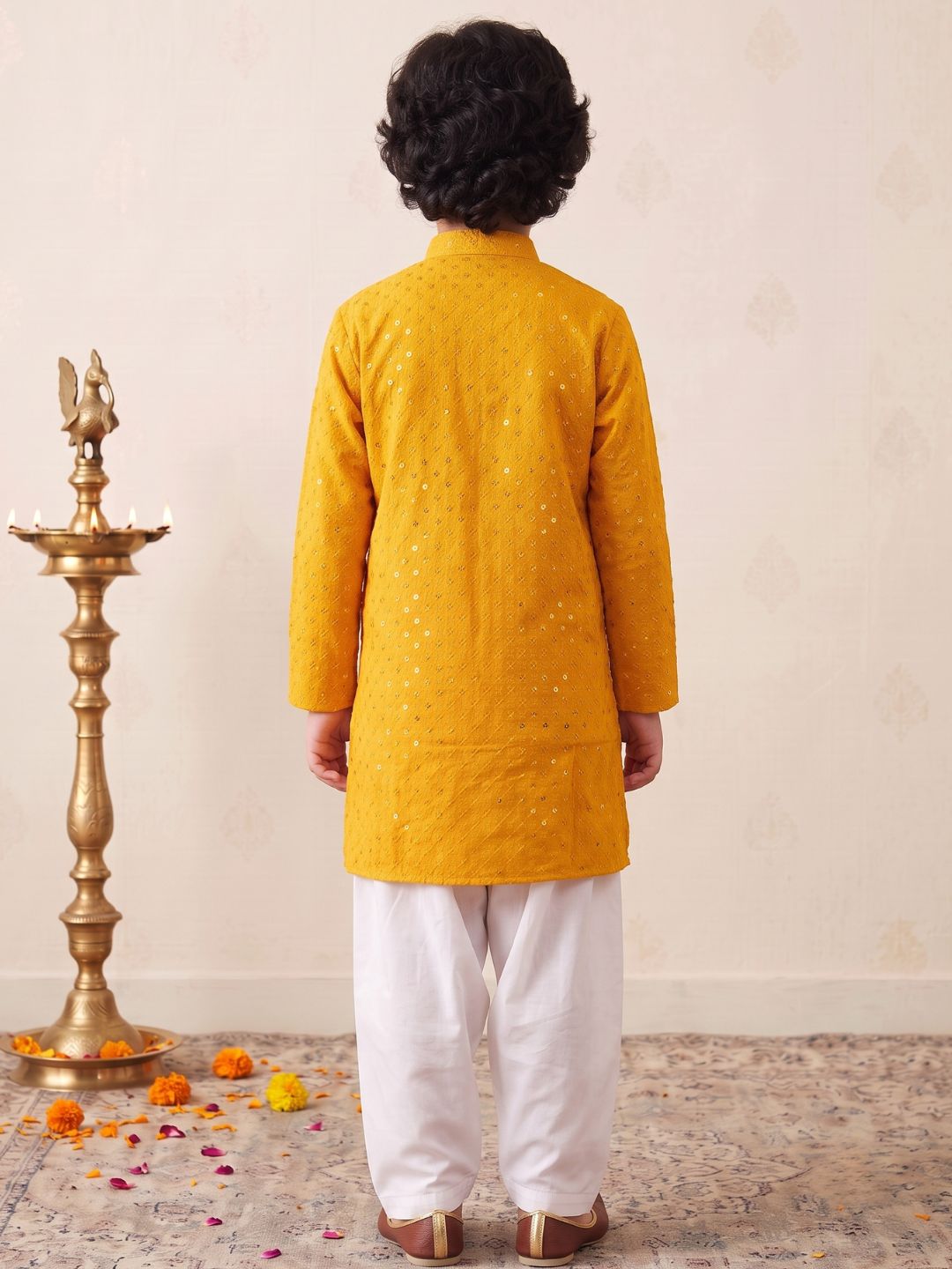 Dark Yellow Sequence Embroidery Cotton Blend Kurta Pyjama With Maroon Dupatta Set For Boys