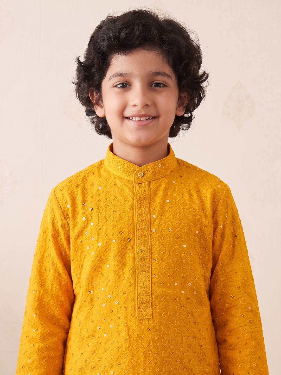 Dark Yellow Sequence Embroidery Cotton Blend Kurta Pyjama With Maroon Dupatta Set For Boys