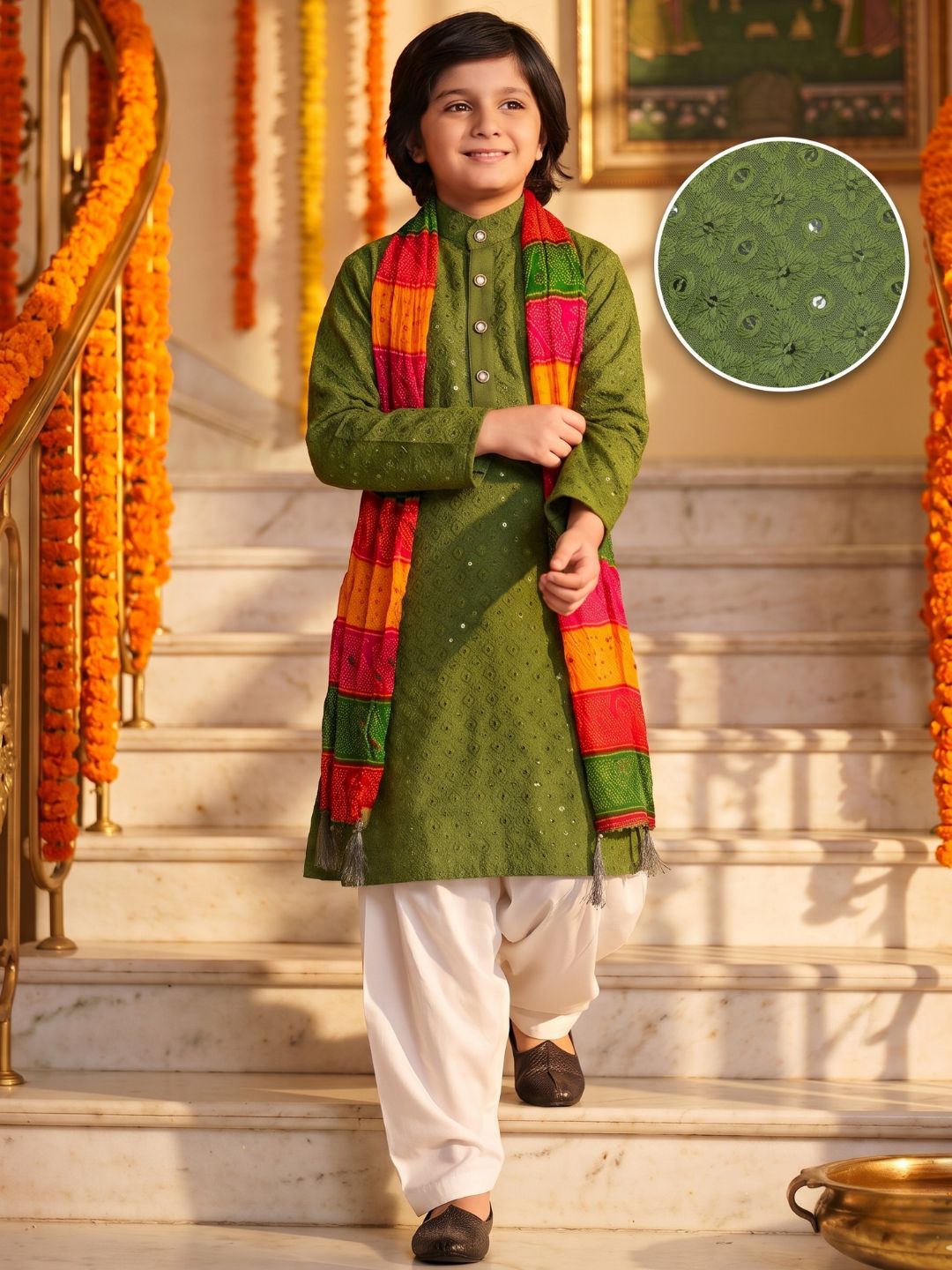Green Sequence Embroidery Cotton Blend Kurta Pyjama With Multicolor Dupatta Set For Boys