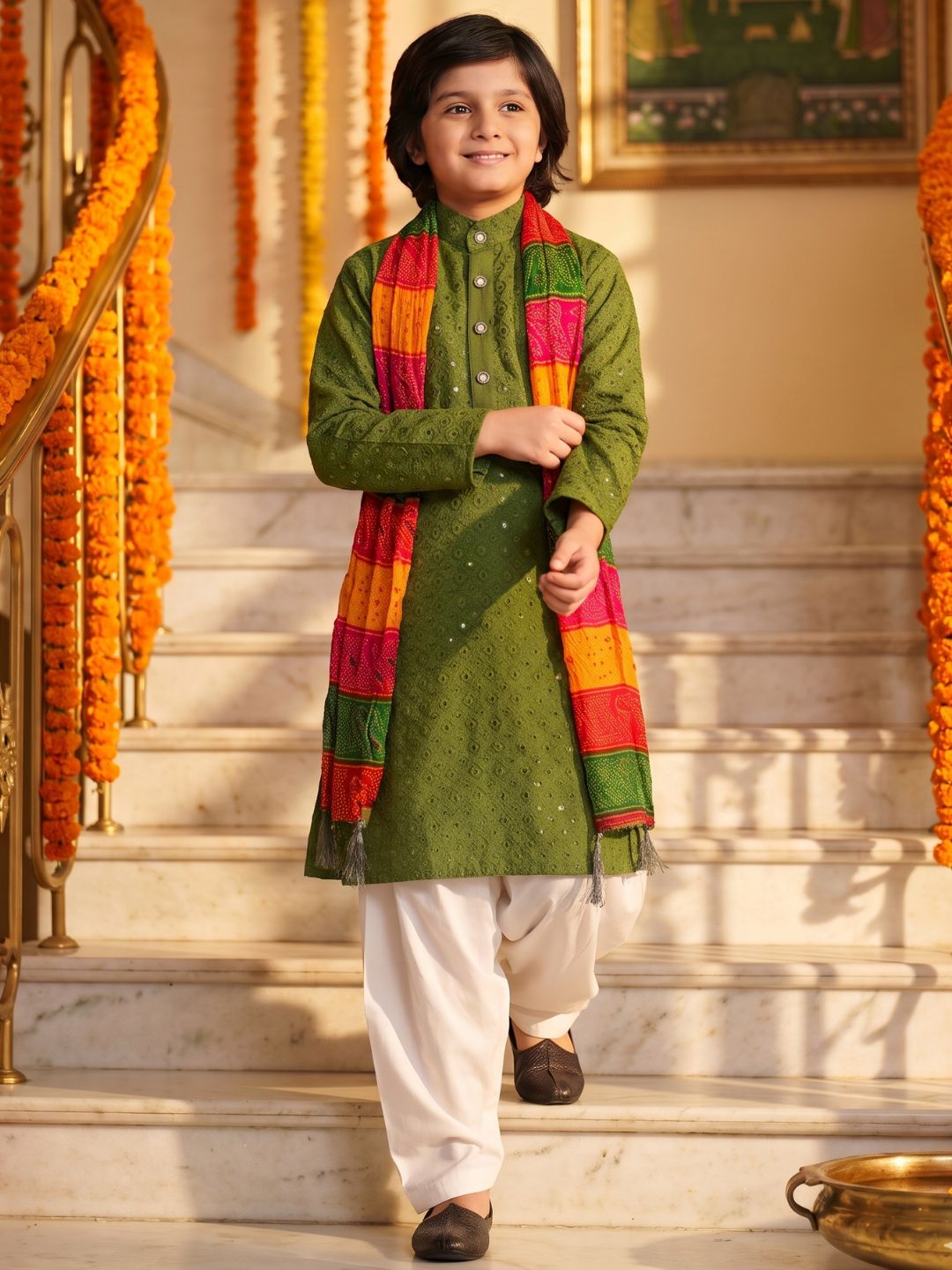 Green Sequence Embroidery Cotton Blend Kurta Pyjama With Multicolor Dupatta Set For Boys