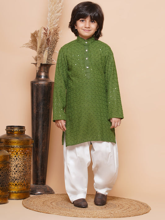 Boys Green Schiffli Sequined Chikankari Mandarin Collar Kurta Salwar Set