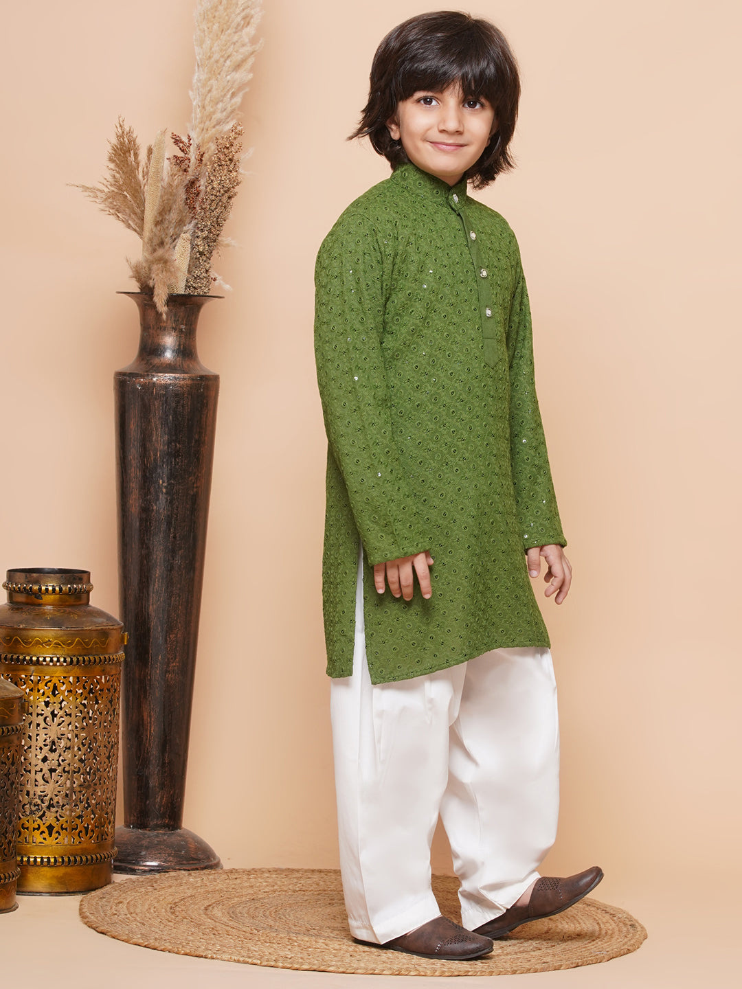 Boys Green Schiffli Sequined Chikankari Mandarin Collar Kurta Salwar Set