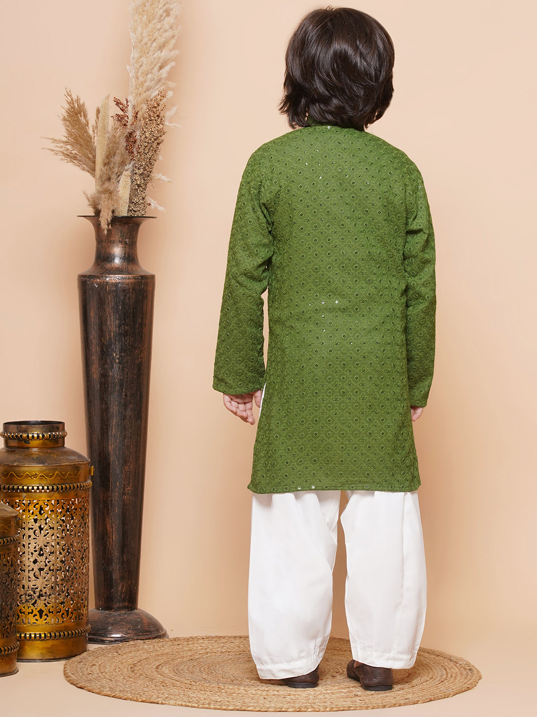 Boys Green Schiffli Sequined Chikankari Mandarin Collar Kurta Salwar Set