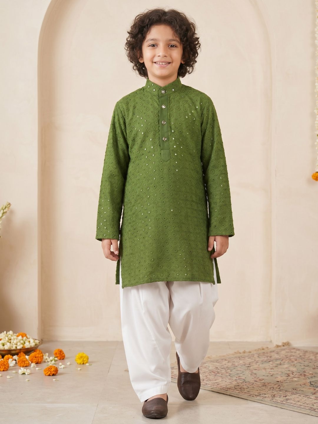 Kids Boys Green Embroidered Schiffli Kurta Pyjama Set - AJ Dezines