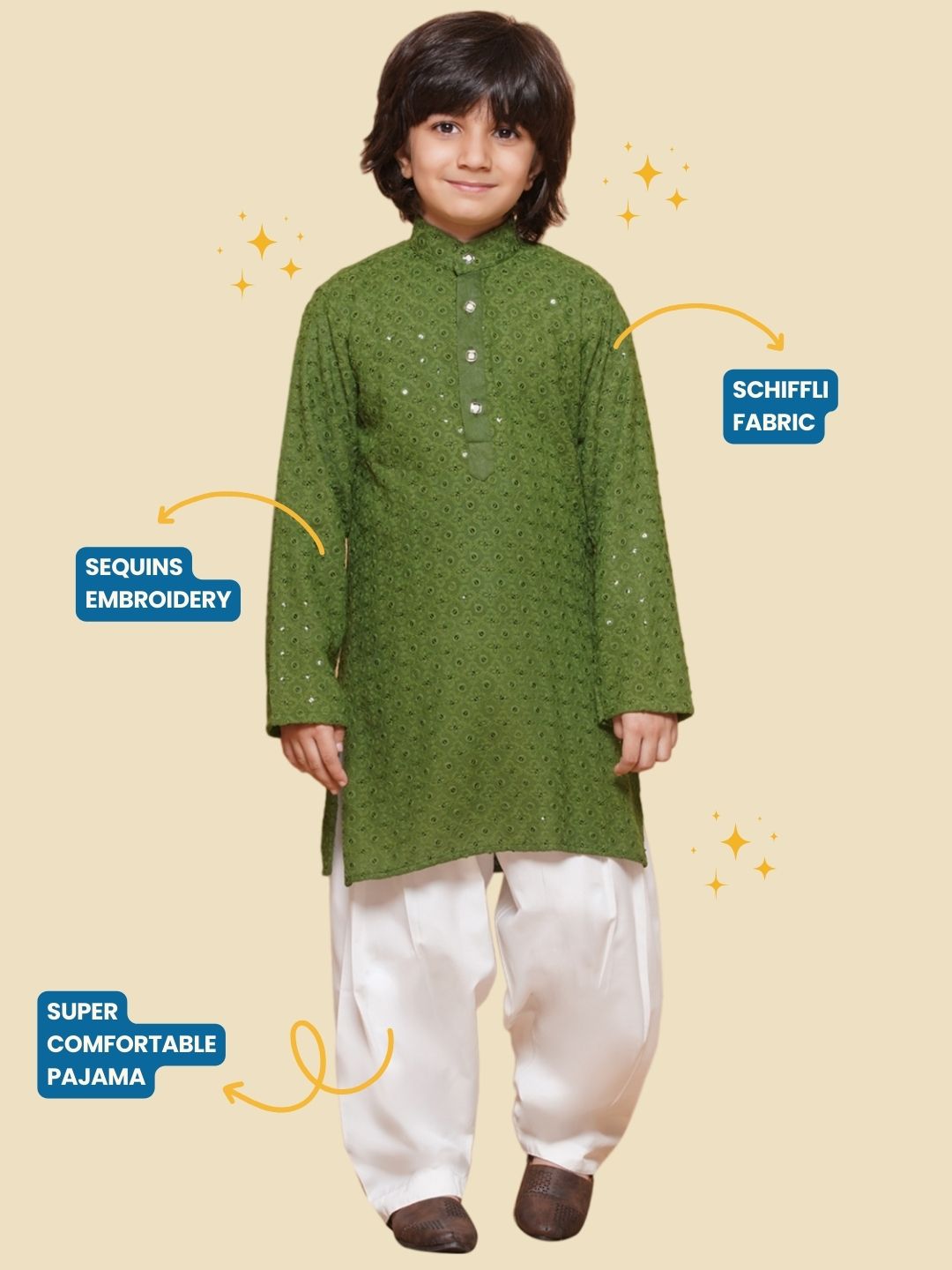 Kids Boys Green Embroidered Schiffli Kurta Pyjama Set