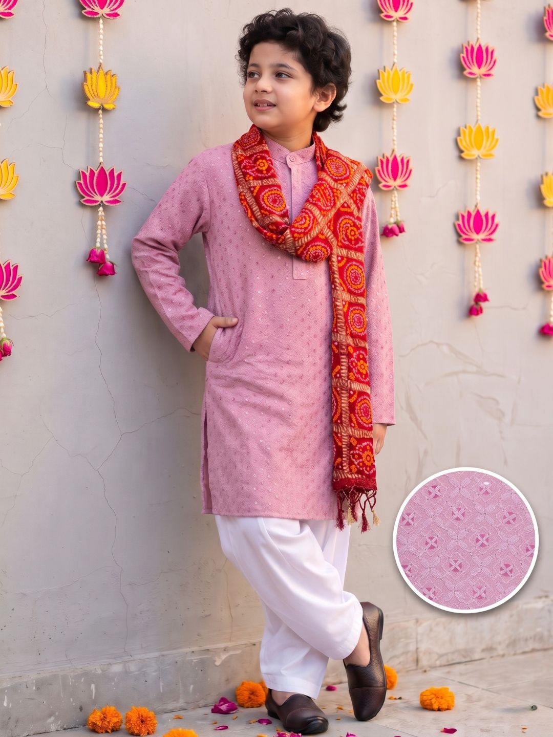 Lavender Sequence Embroidery Cotton Blend Kurta Pyjama With Red Dupatta Set For Boys