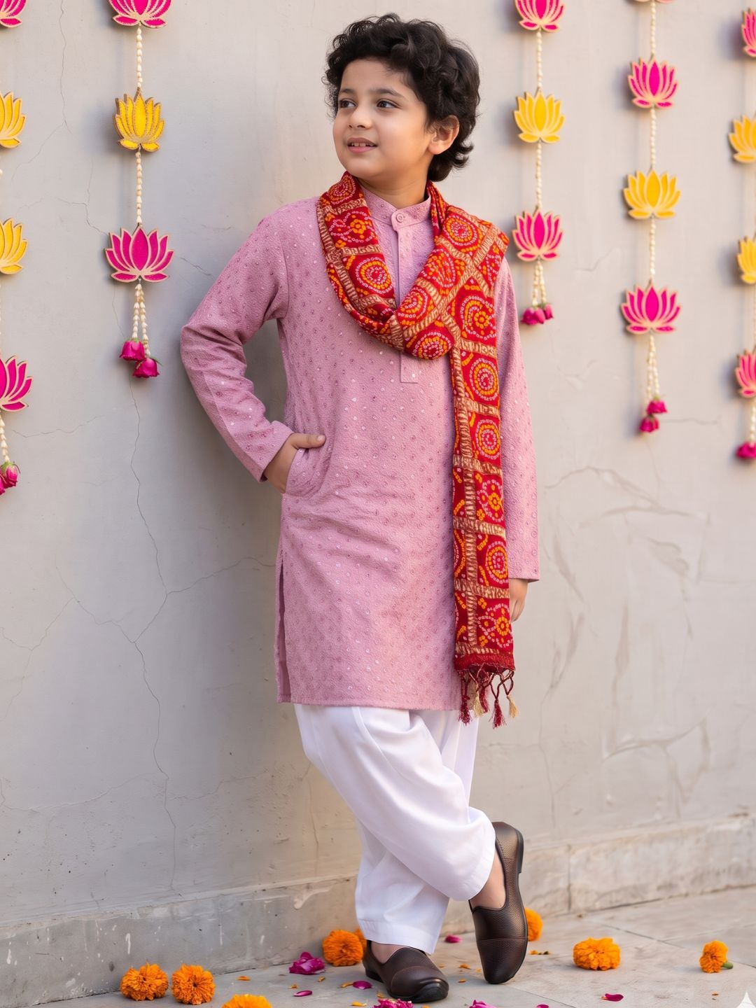 Lavender Sequence Embroidery Cotton Blend Kurta Pyjama With Red Dupatta Set For Boys