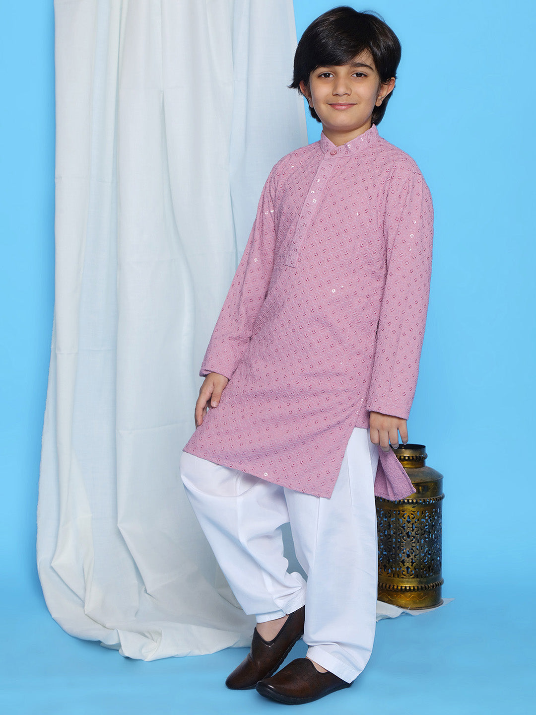 LAVENDER Schiffli Full sleeves Embroidered Kurta Pyjama Set for Boys - AJ Dezines