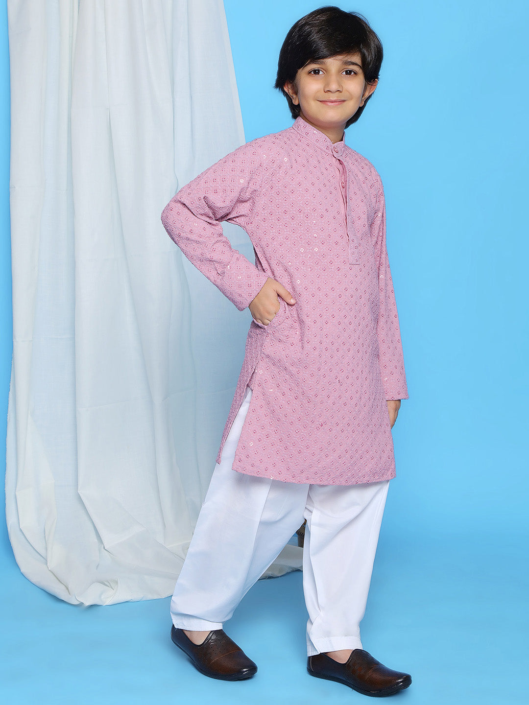 LAVENDER Schiffli Full sleeves Embroidered Kurta Pyjama Set for Boys - AJ Dezines