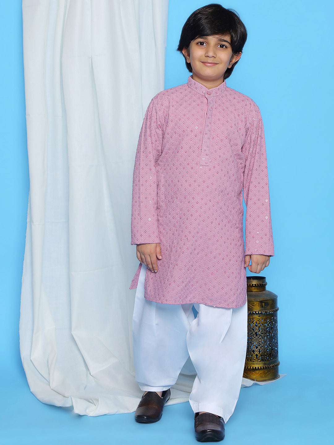 LAVENDER Schiffli Full sleeves Embroidered Kurta Pyjama Set for Boys - AJ Dezines