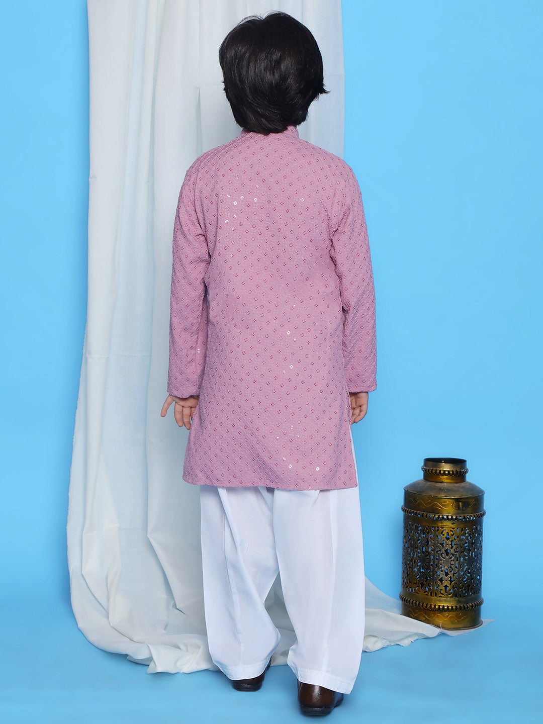 Lavender Sequence Embroidery Cotton Blend Kurta Pyjama With Red Dupatta Set For Boys