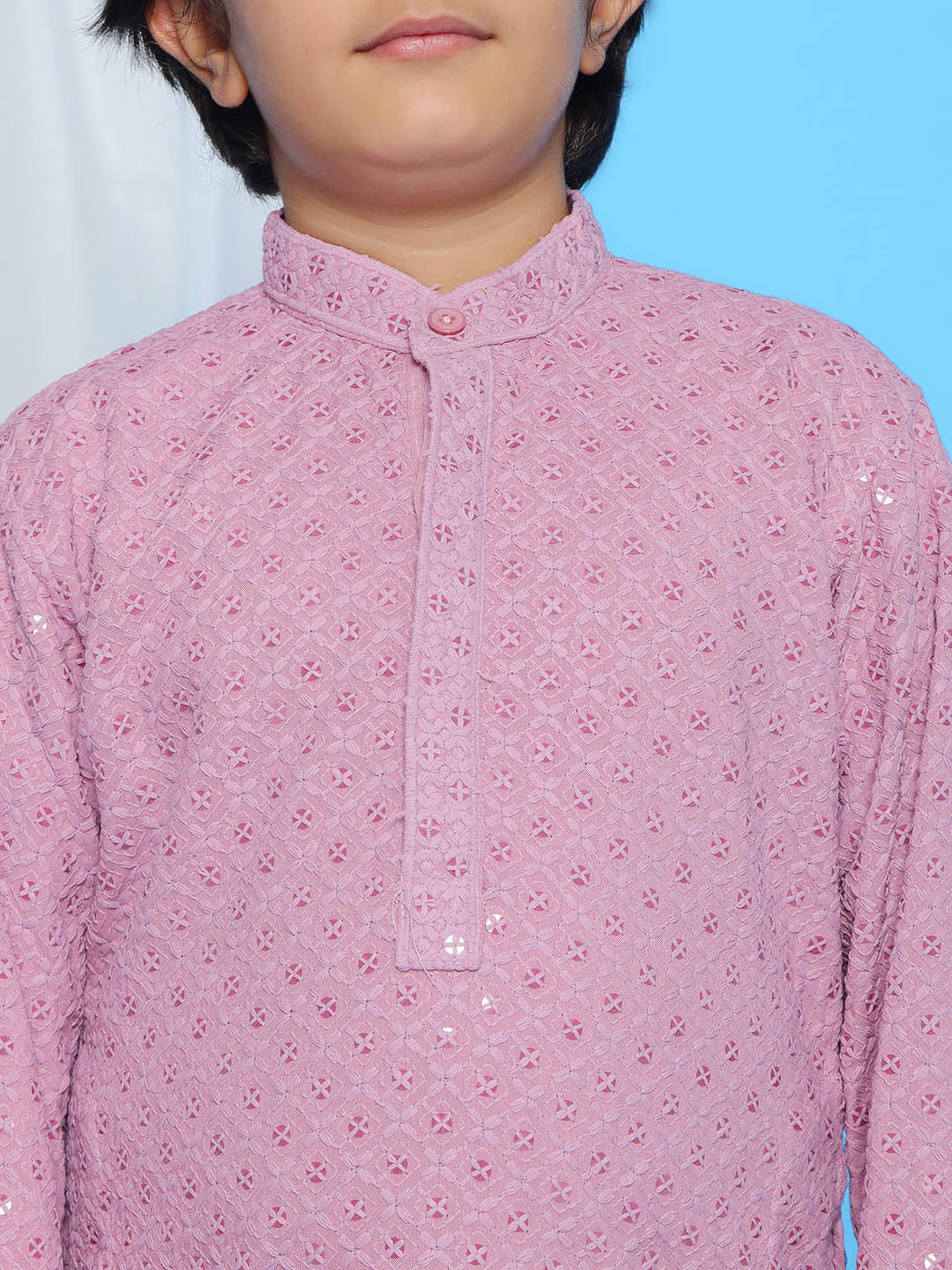 Lavender Sequence Embroidery Cotton Blend Kurta Pyjama With Red Dupatta Set For Boys