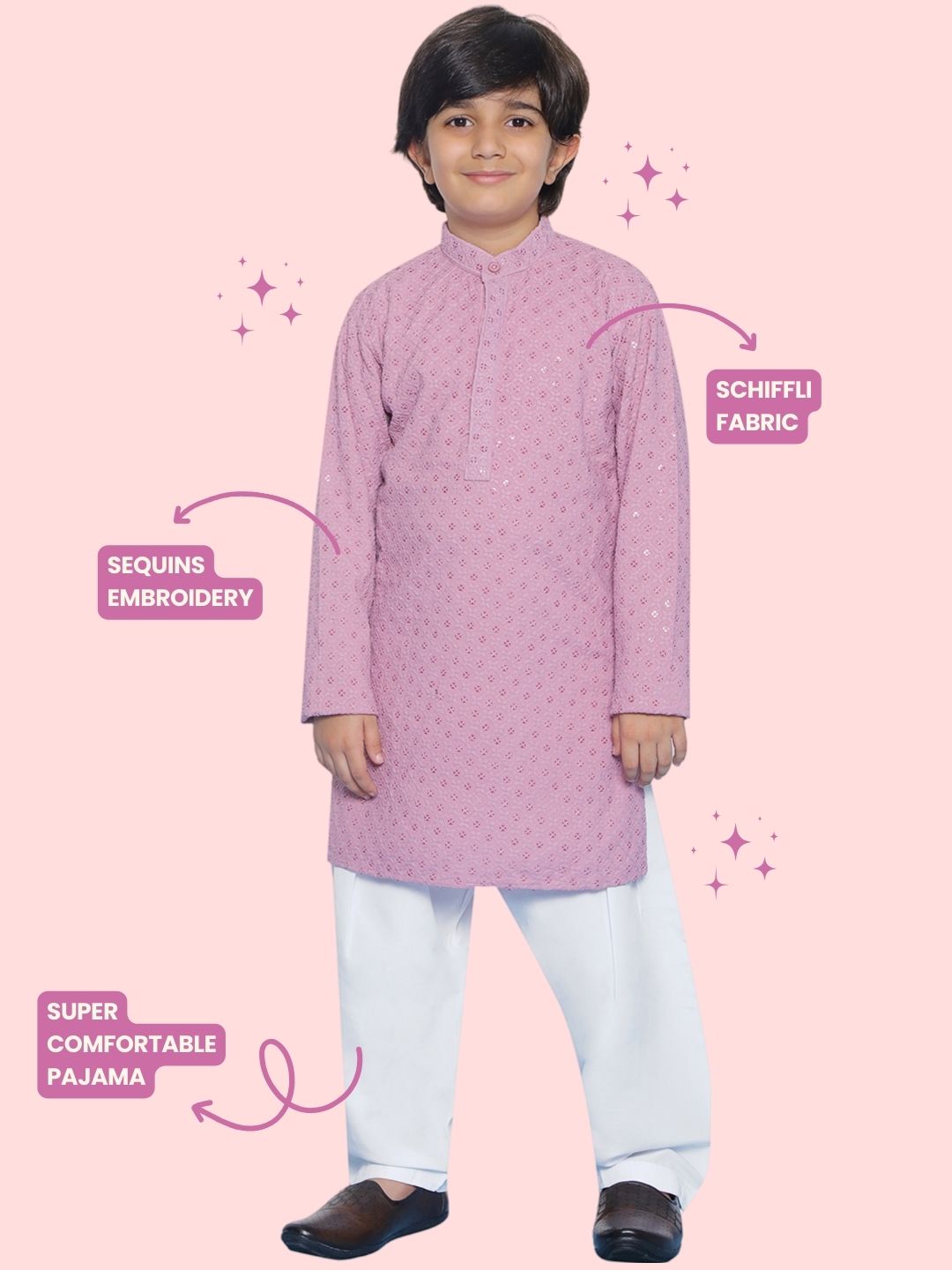LAVENDER Schiffli Full sleeves Embroidered Kurta Pyjama Set for Boys - AJ Dezines