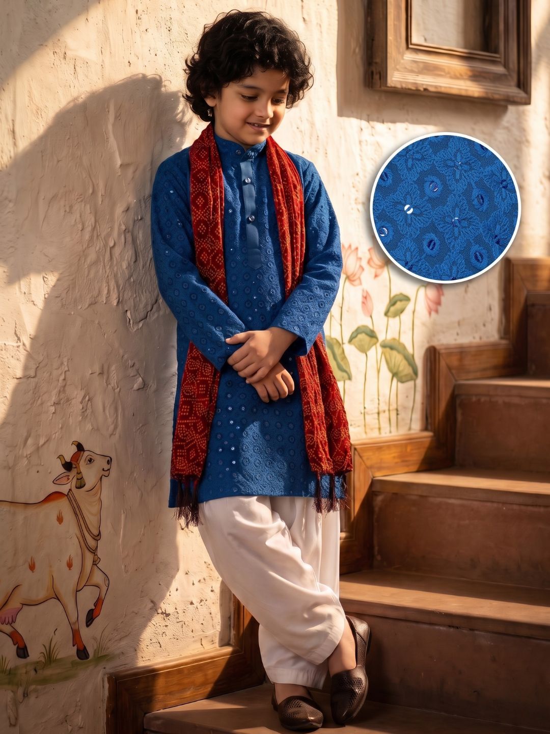 Navy Blue Sequence Embroidery Cotton Blend Kurta Pyjama With Maroon Dupatta Set For Boys
