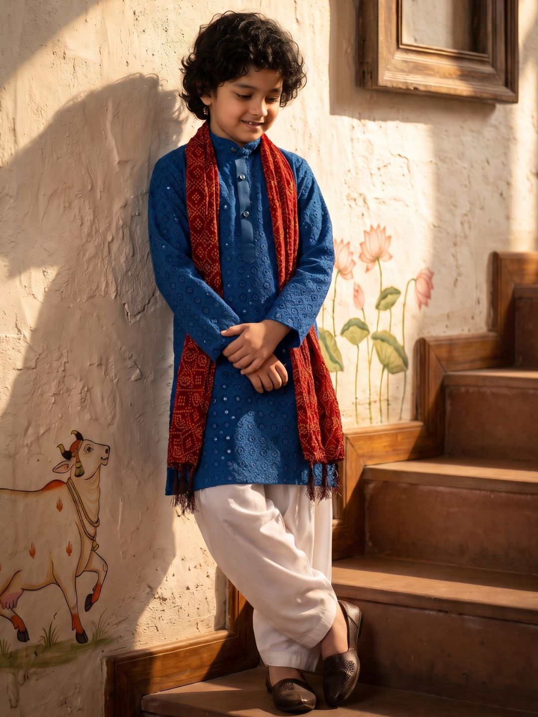 Navy Blue Sequence Embroidery Cotton Blend Kurta Pyjama With Maroon Dupatta Set For Boys