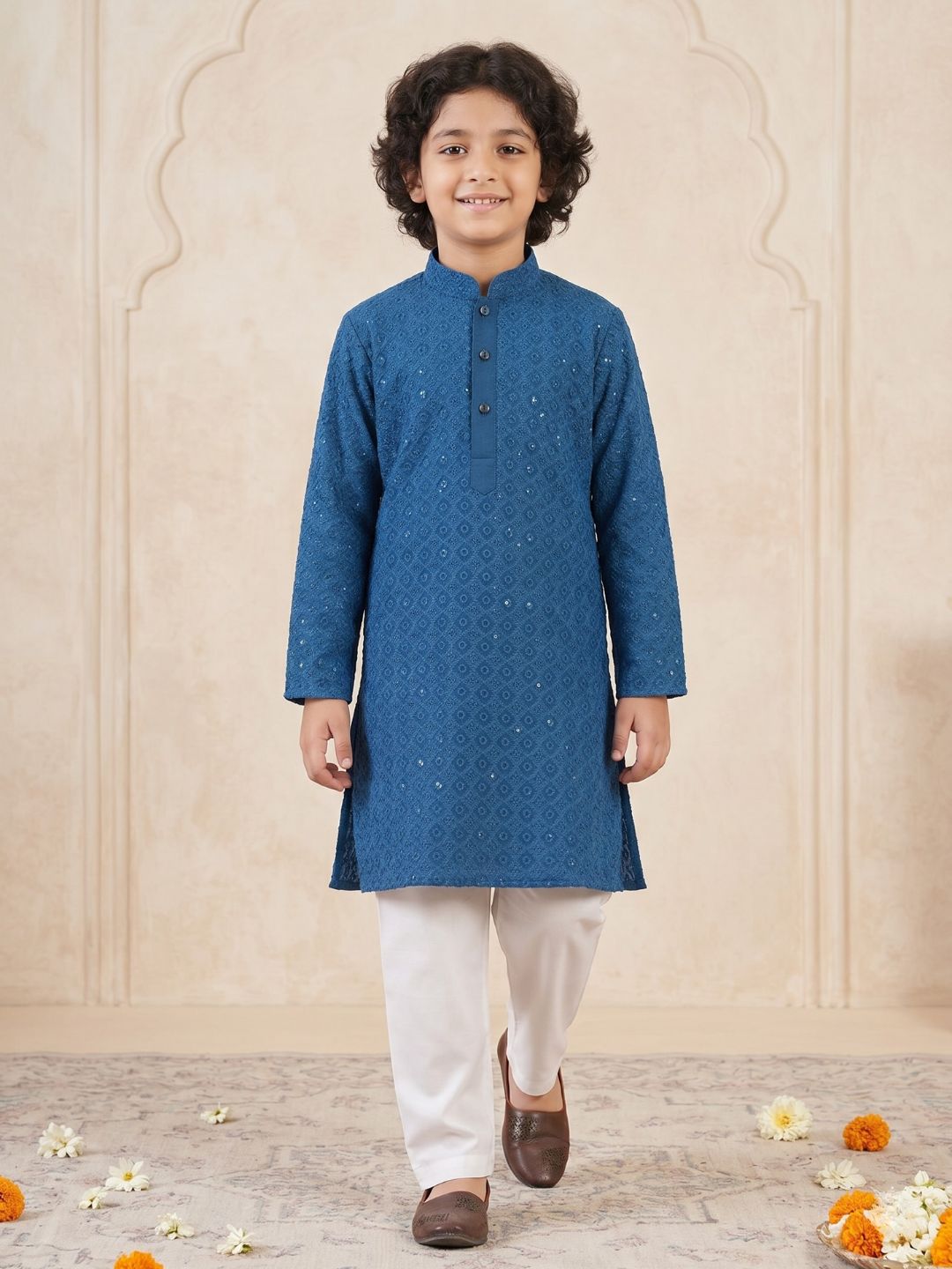 Kids Boys Navy Blue Embroidered Cotton Kurta Pyjama Set