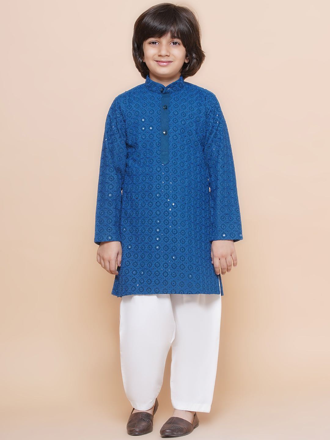 Kids Boys Navy Blue Embroidered Cotton Kurta Pyjama Set