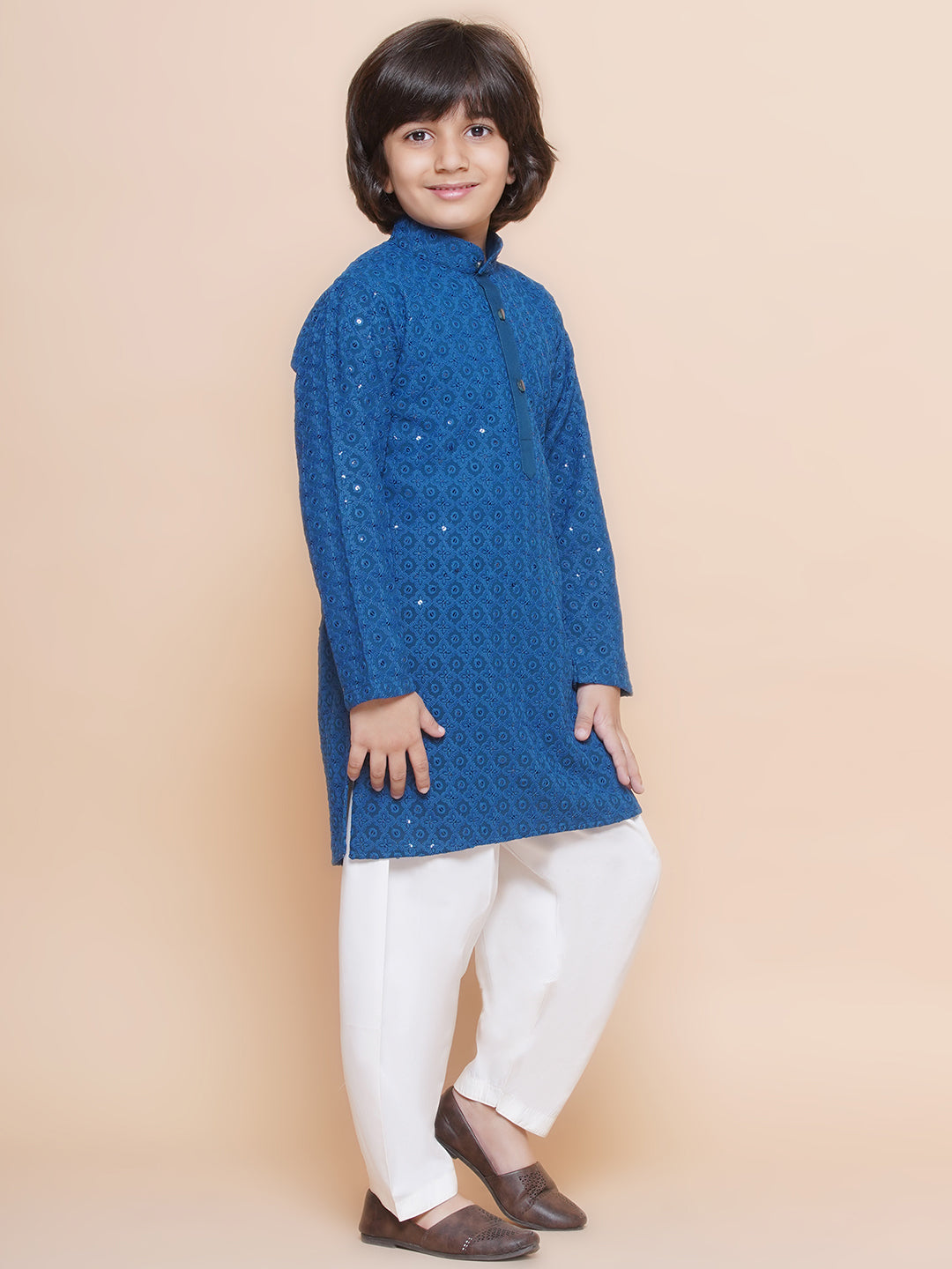 Kids Boys Navy Blue Embroidered Cotton Kurta Pyjama Set