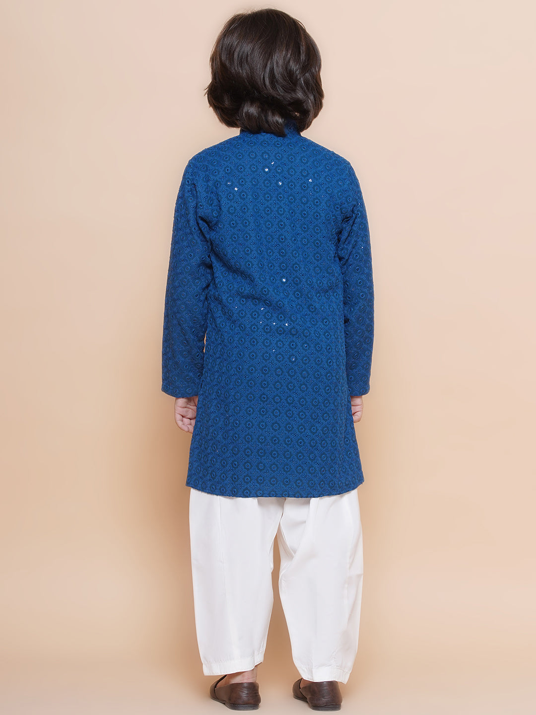 Kids Boys Navy Blue Embroidered Cotton Kurta Pyjama Set