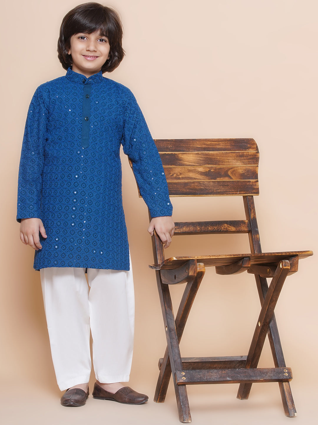 Kids Boys Navy Blue Embroidered Cotton Kurta Pyjama Set