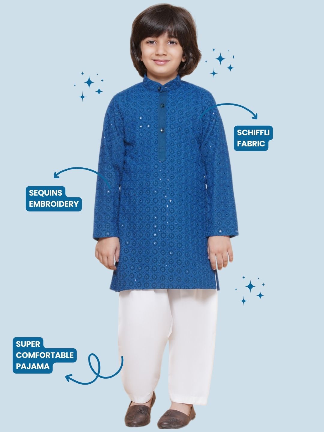 Kids Boys Navy Blue Embroidered Cotton Kurta Pyjama Set