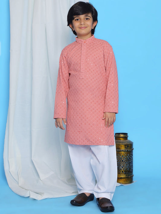 PEACH Schiffli Full sleeves Embroidered Kurta Pyjama Set for Boys