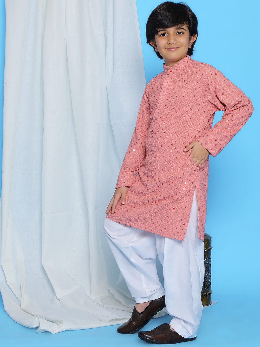 PEACH Schiffli Full sleeves Embroidered Kurta Pyjama Set for Boys