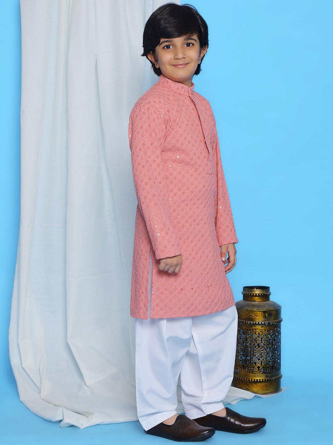 PEACH Schiffli Full sleeves Embroidered Kurta Pyjama Set for Boys