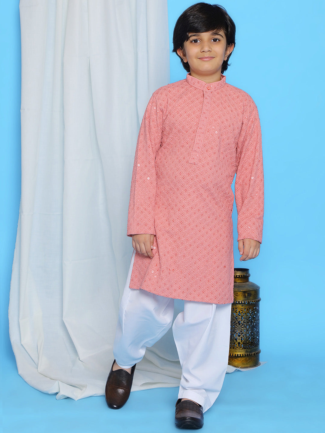 PEACH Schiffli Full sleeves Embroidered Kurta Pyjama Set for Boys