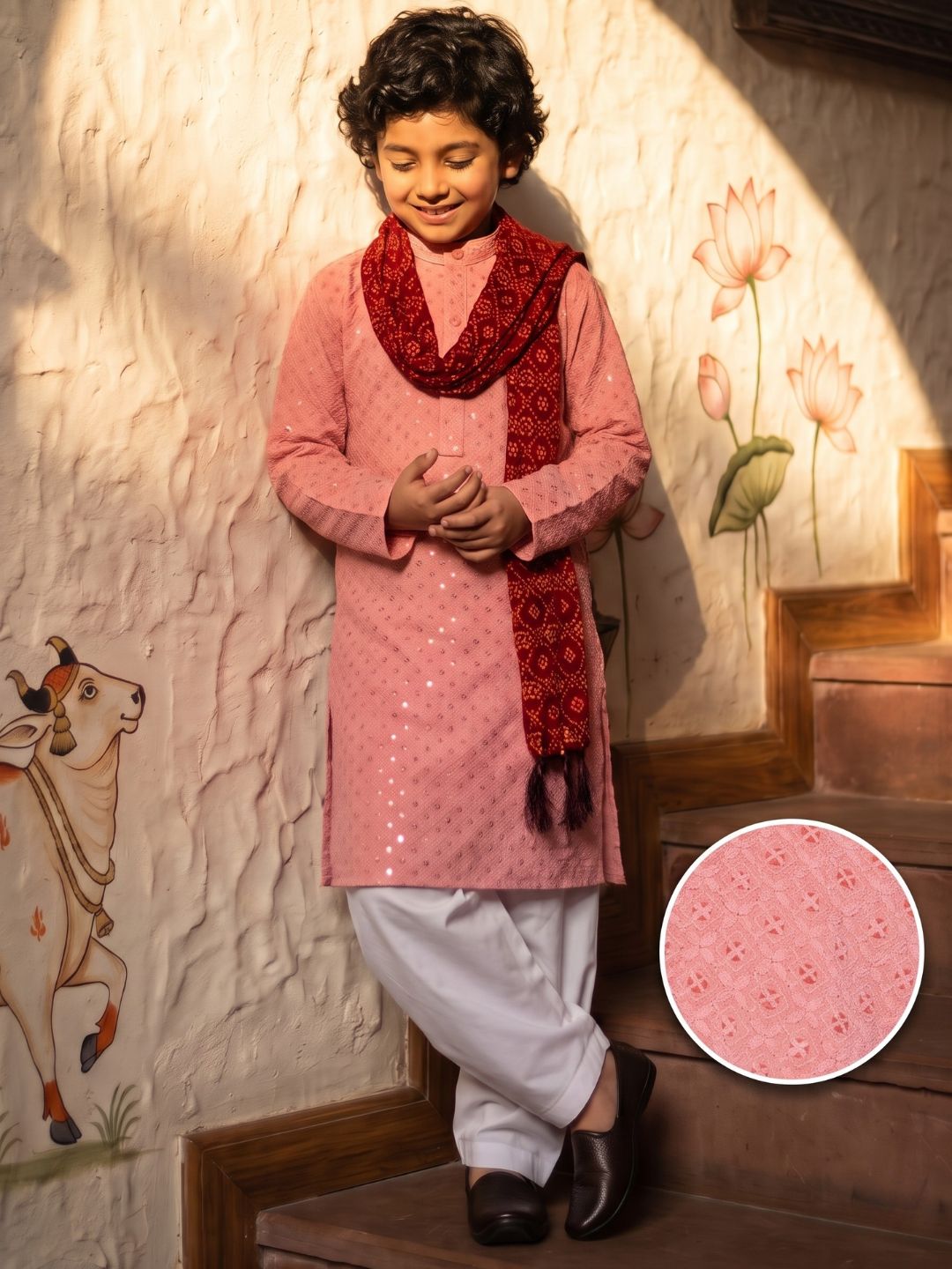 Peach Sequence Embroidery Cotton Blend Kurta Pyjama With Maroon Dupatta Set For Boys