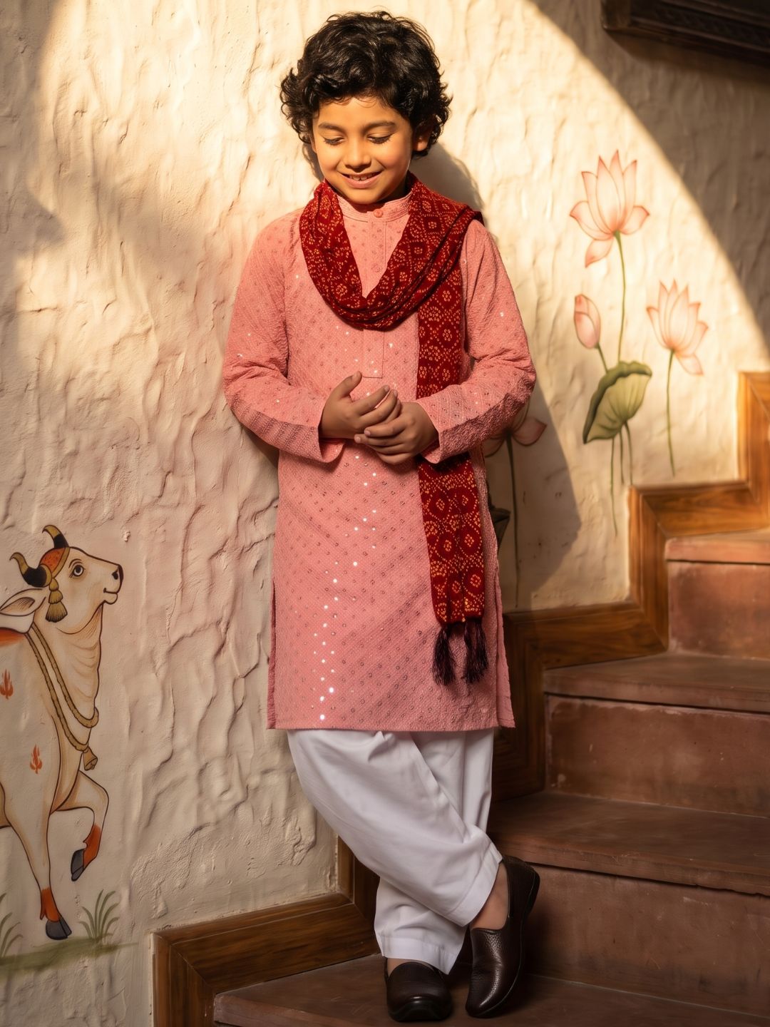 Peach Sequence Embroidery Cotton Blend Kurta Pyjama With Maroon Dupatta Set For Boys