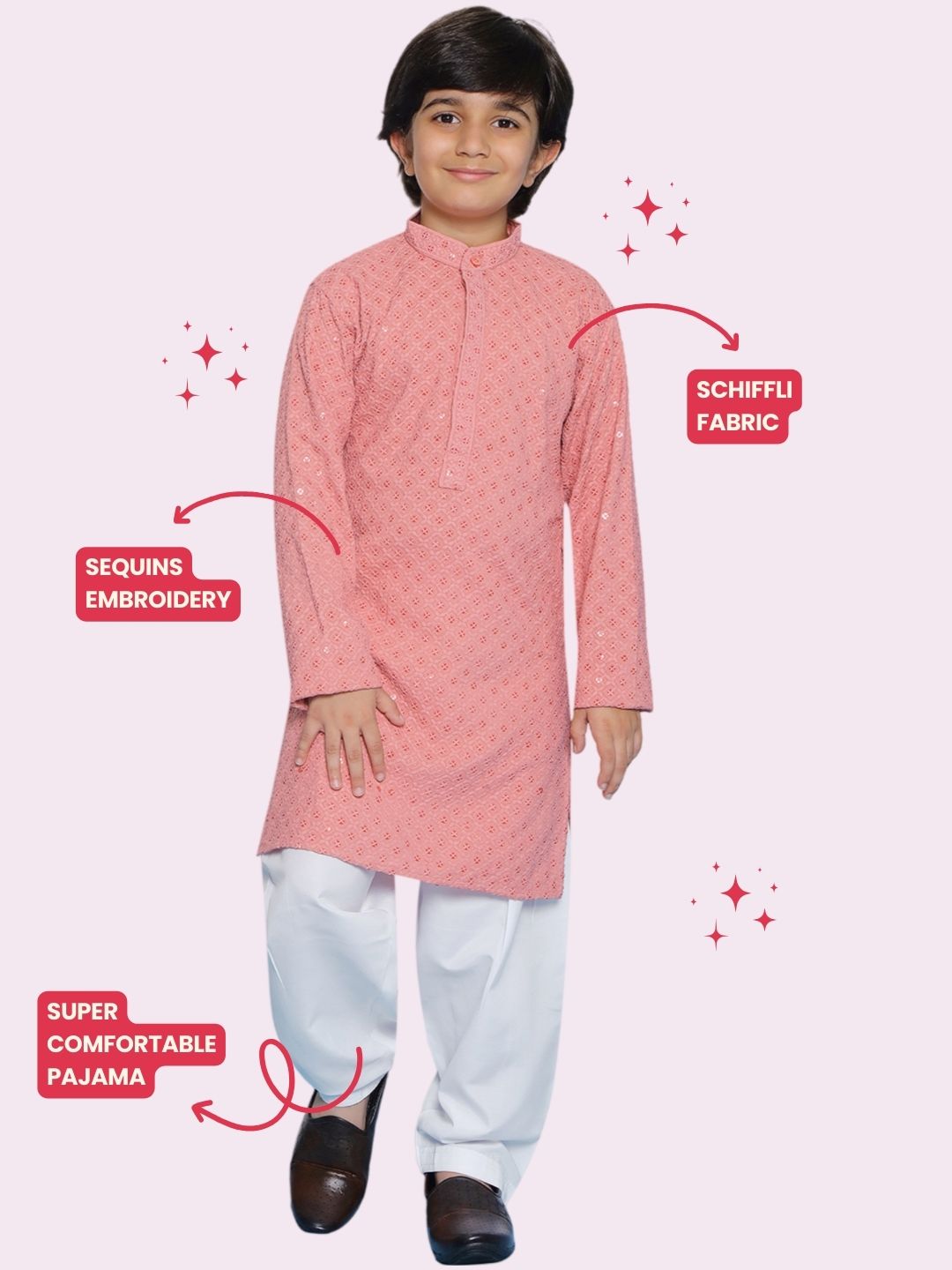 PEACH Schiffli Full sleeves Embroidered Kurta Pyjama Set for Boys