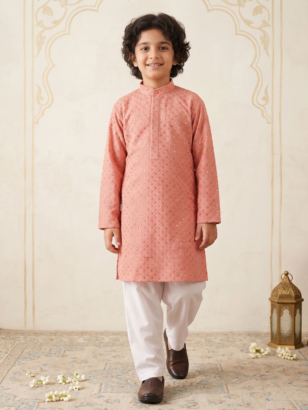 PEACH Schiffli Full sleeves Embroidered Kurta Pyjama Set for Boys