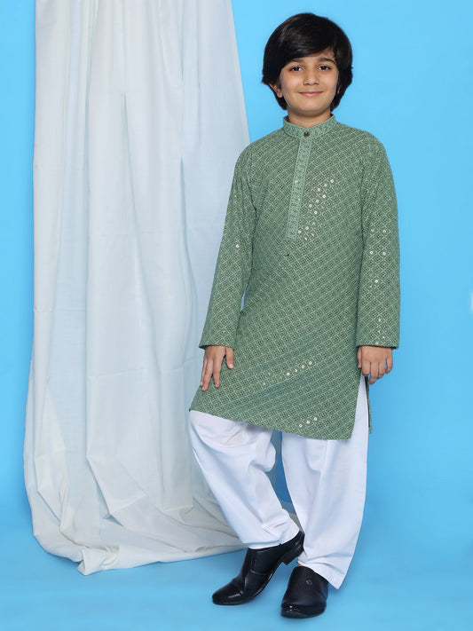 Aj Dezines Pista Schiffli Full Sleeves Embroidered Kurta Pyjama Set For Boys