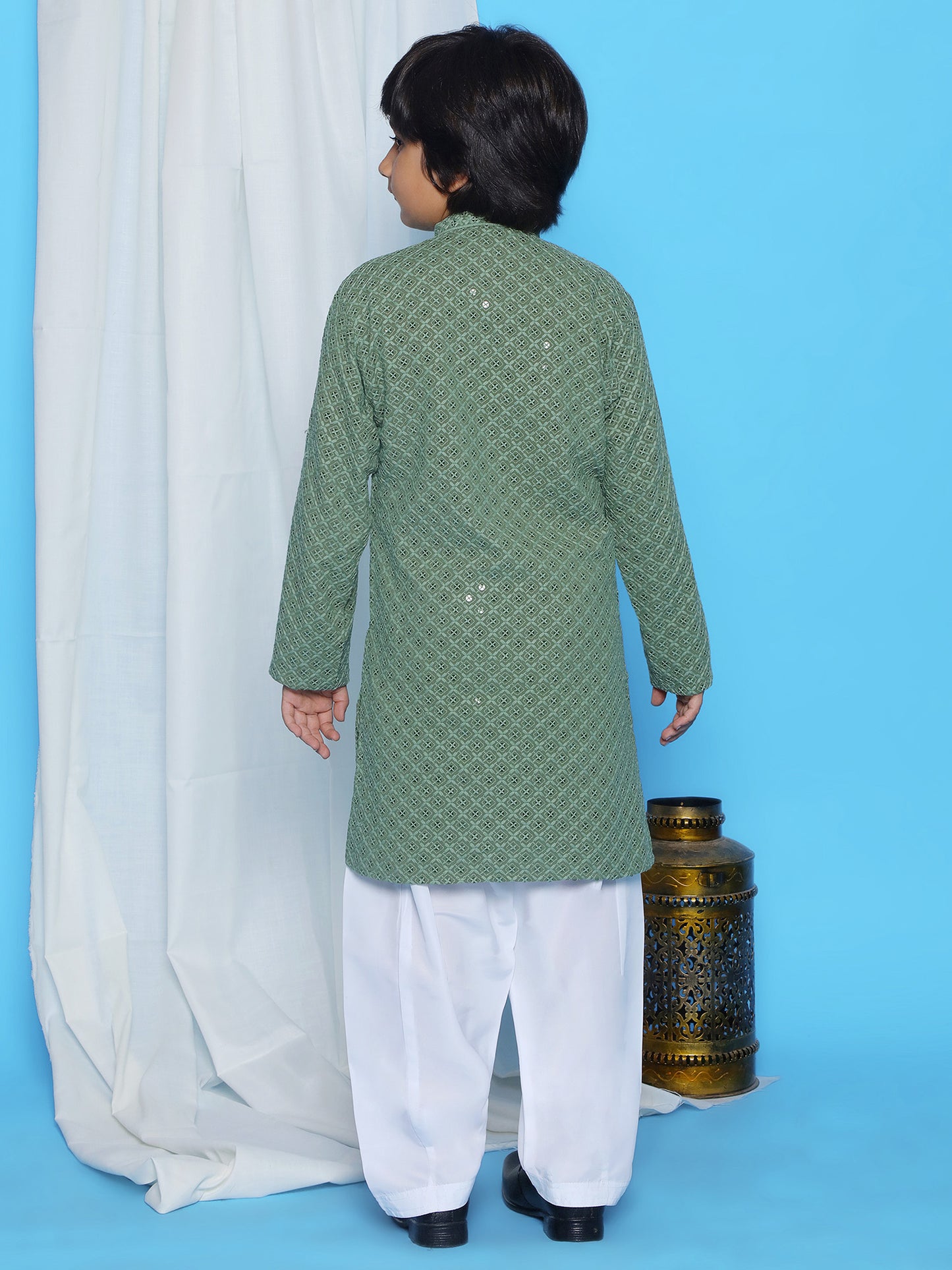 Aj Dezines Pista Schiffli Full Sleeves Embroidered Kurta Pyjama Set For Boys