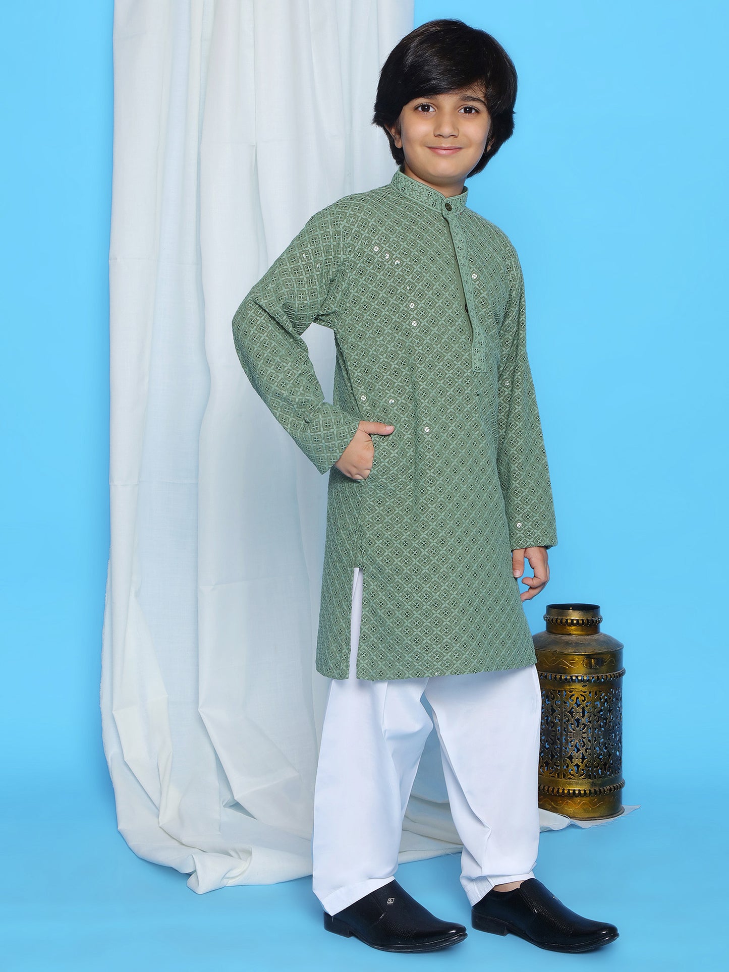 Aj Dezines Pista Schiffli Full Sleeves Embroidered Kurta Pyjama Set For Boys