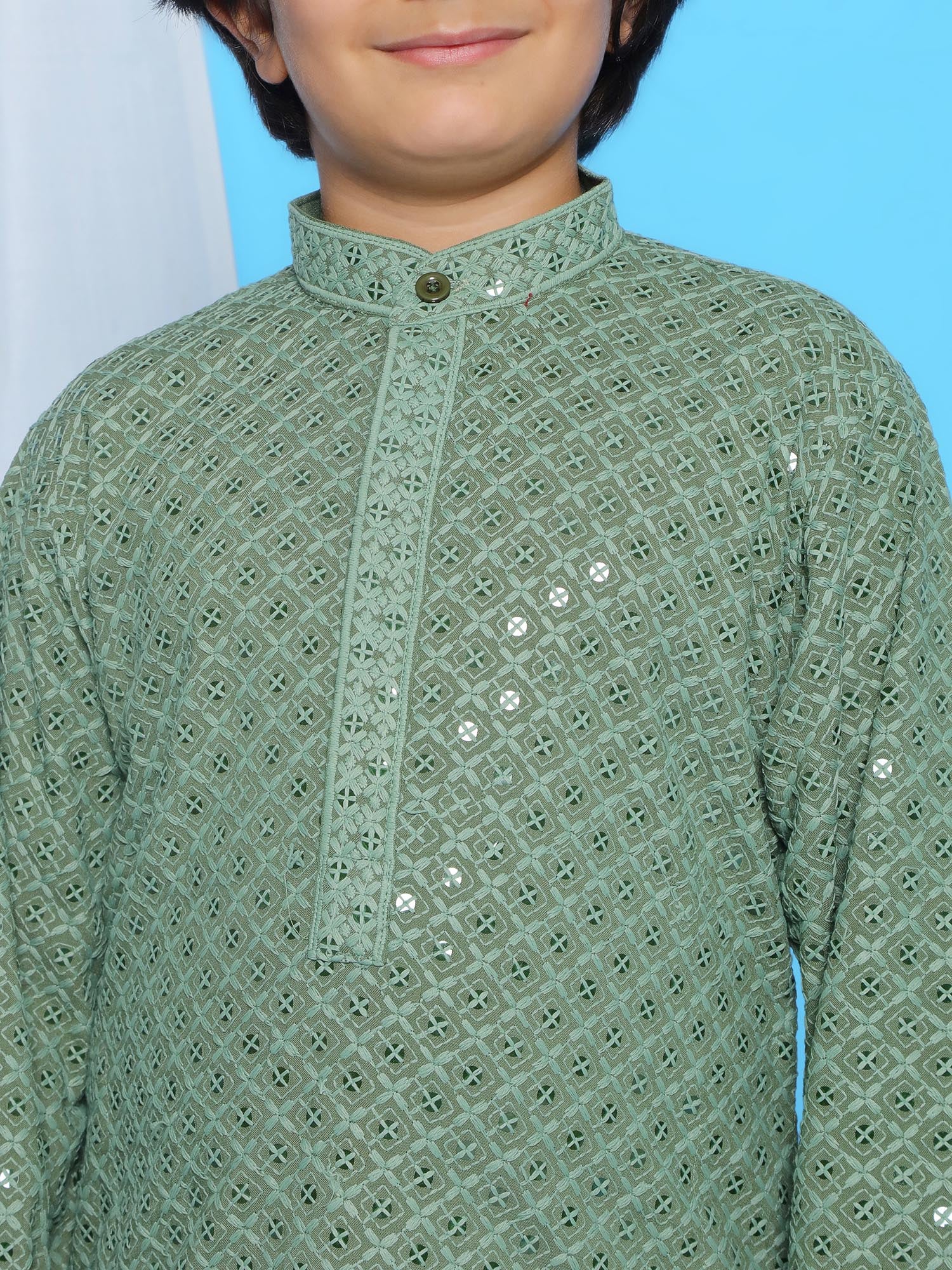 Pista Schiffli Full Sleeves Embroidered Kurta Pyjama Set For Boys - AJ Dezines