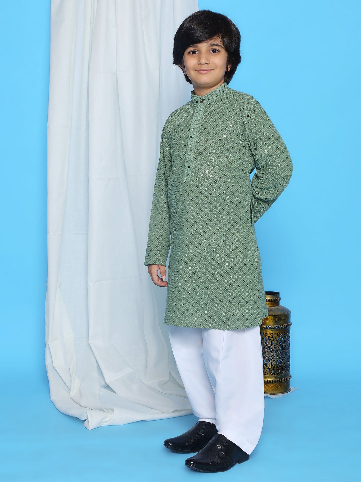 Aj Dezines Pista Schiffli Full Sleeves Embroidered Kurta Pyjama Set For Boys