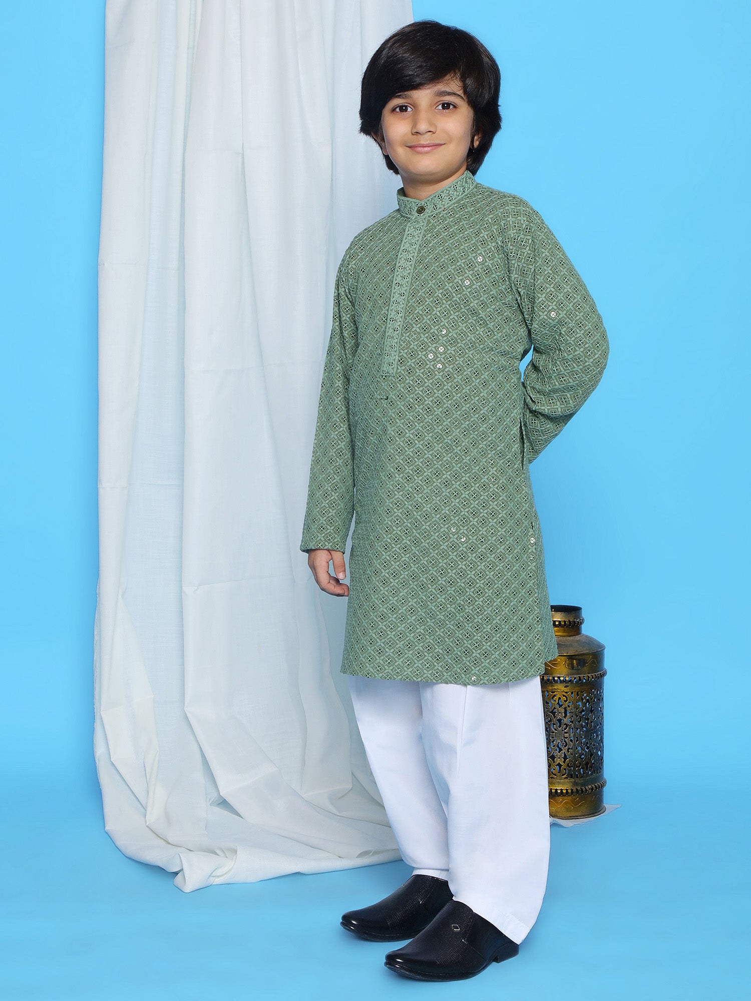 Pista Schiffli Full Sleeves Embroidered Kurta Pyjama Set For Boys - AJ Dezines