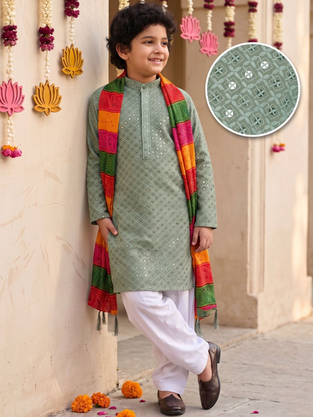 Pista Green Sequence Embroidery Cotton Blend Kurta Pyjama With Multicolor Dupatta Set For Boys