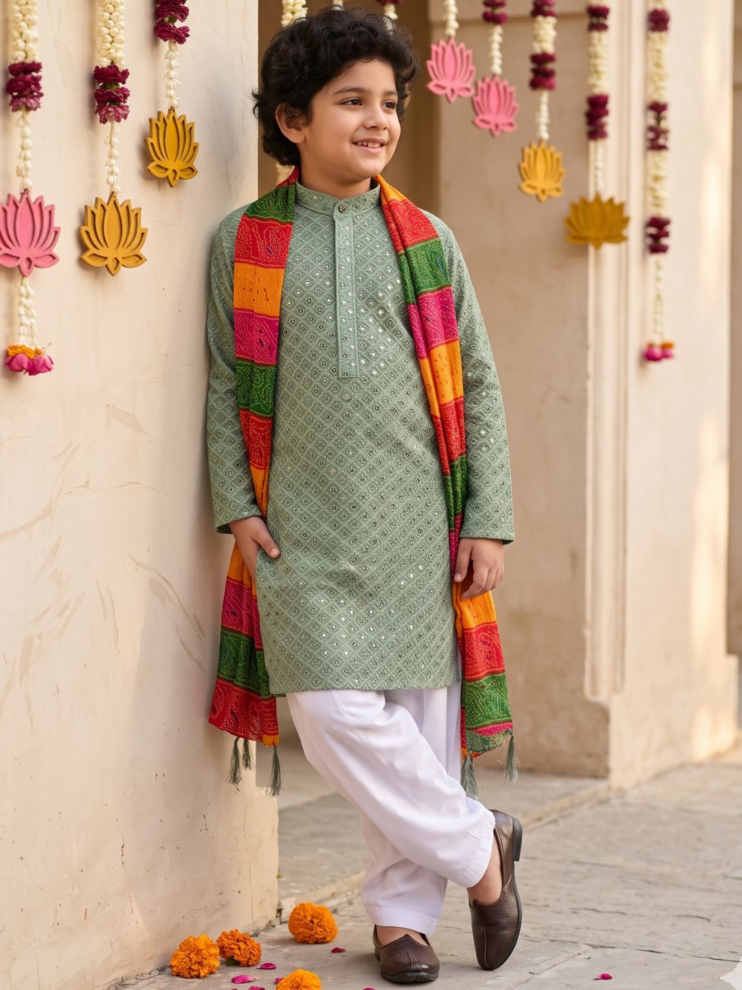 Pista Green Sequence Embroidery Cotton Blend Kurta Pyjama With Multicolor Dupatta Set For Boys