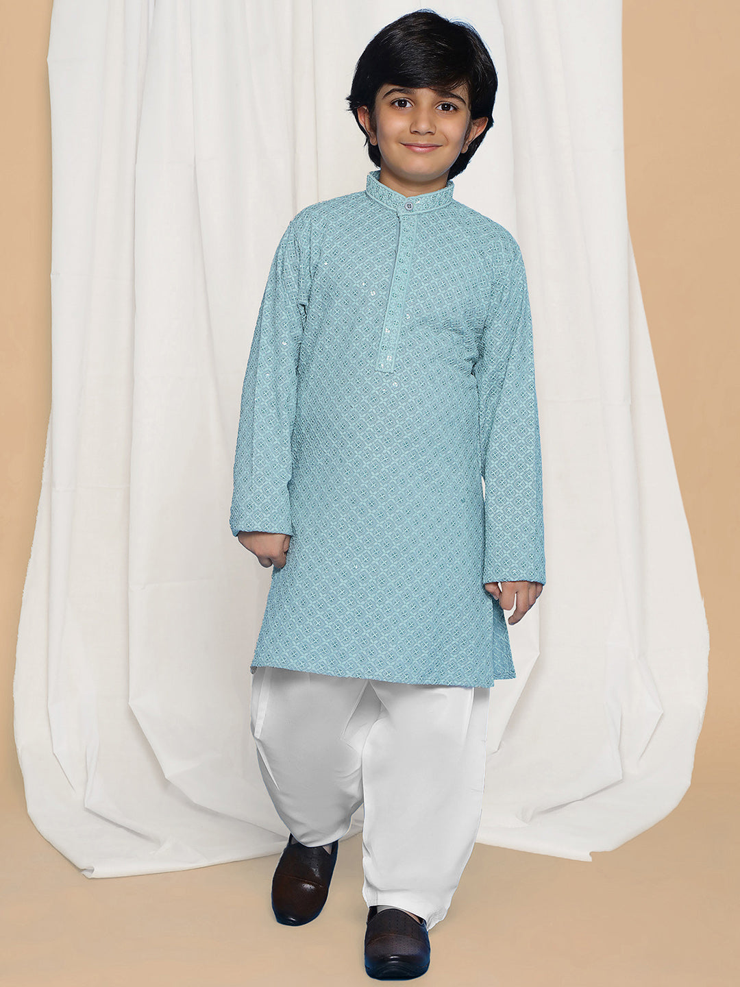 BLUE Schiffli Full sleeves Embroidered Kurta Pyjama Set for Boys