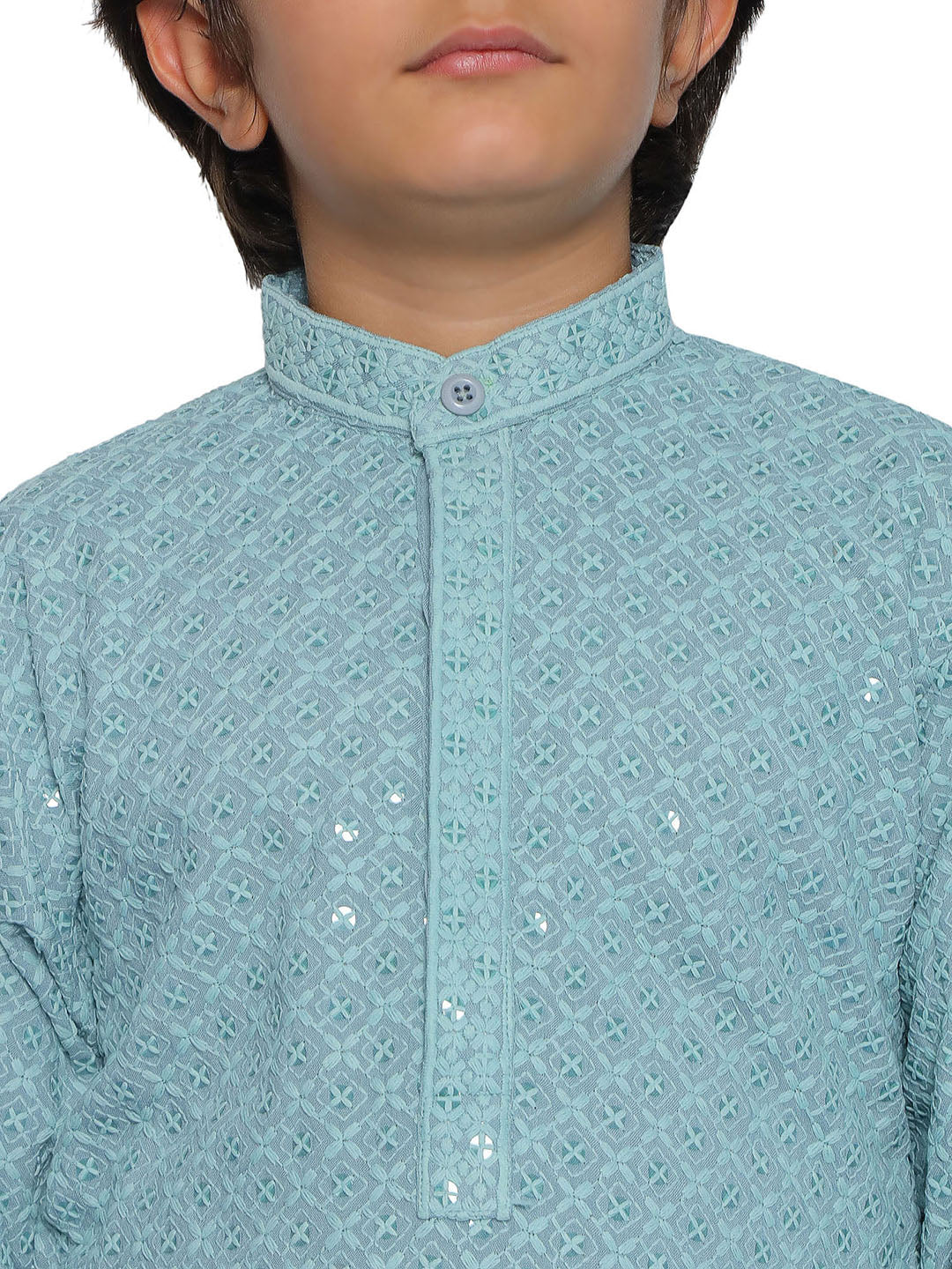 BLUE Schiffli Full sleeves Embroidered Kurta Pyjama Set for Boys - AJ Dezines