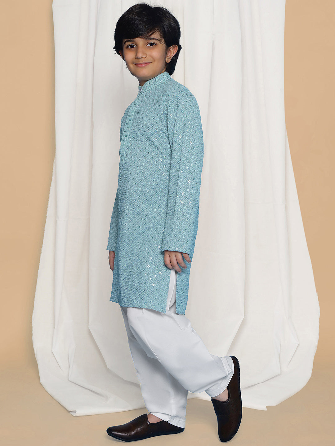BLUE Schiffli Full sleeves Embroidered Kurta Pyjama Set for Boys - AJ Dezines