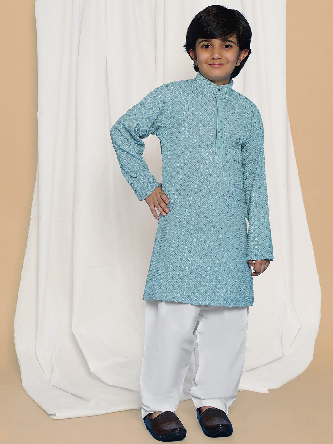 BLUE Schiffli Full sleeves Embroidered Kurta Pyjama Set for Boys - AJ Dezines