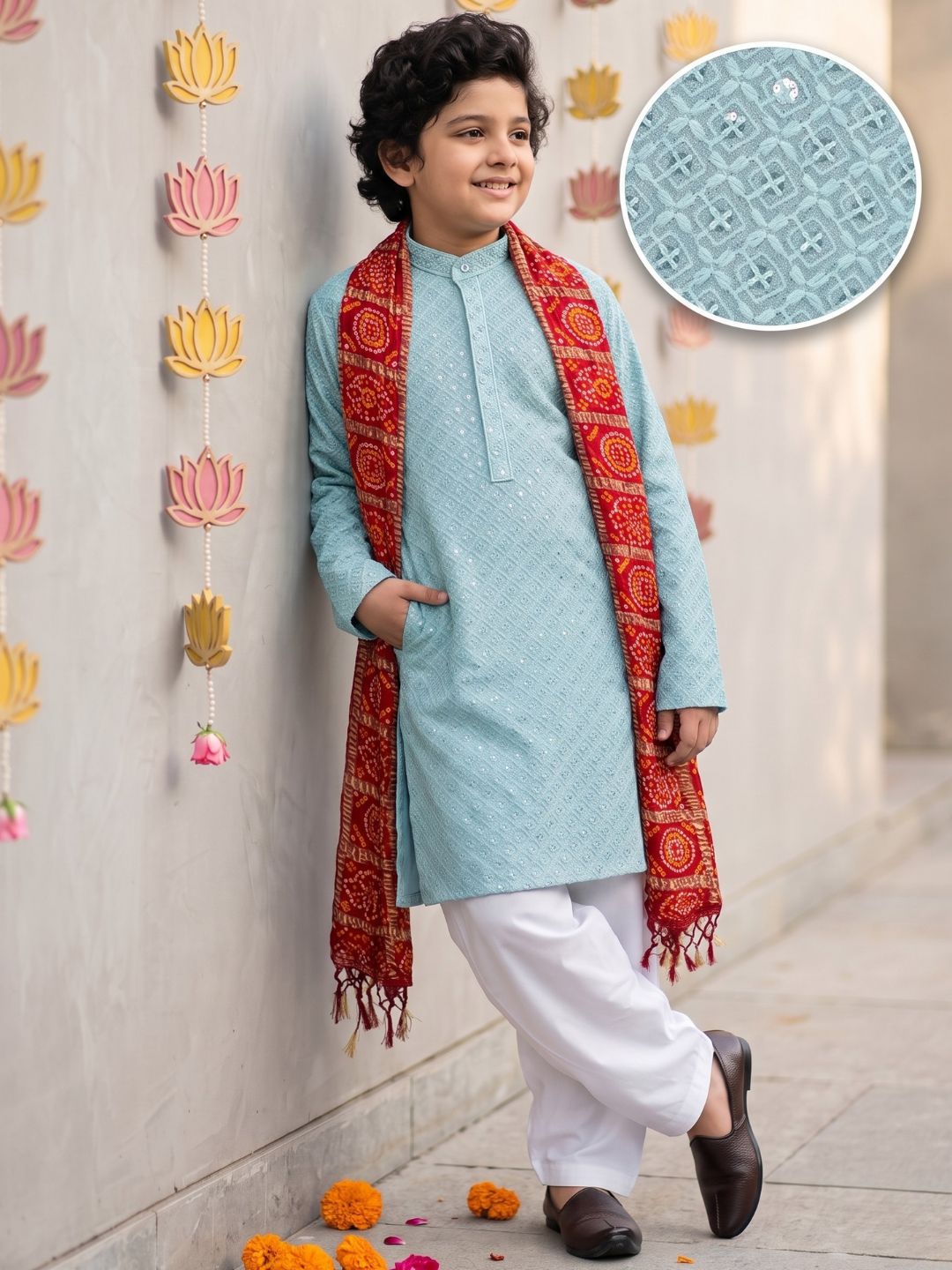 Powder Blue Sequence Embroidery Cotton Blend Kurta Pyjama With Red Dupatta Set For Boys