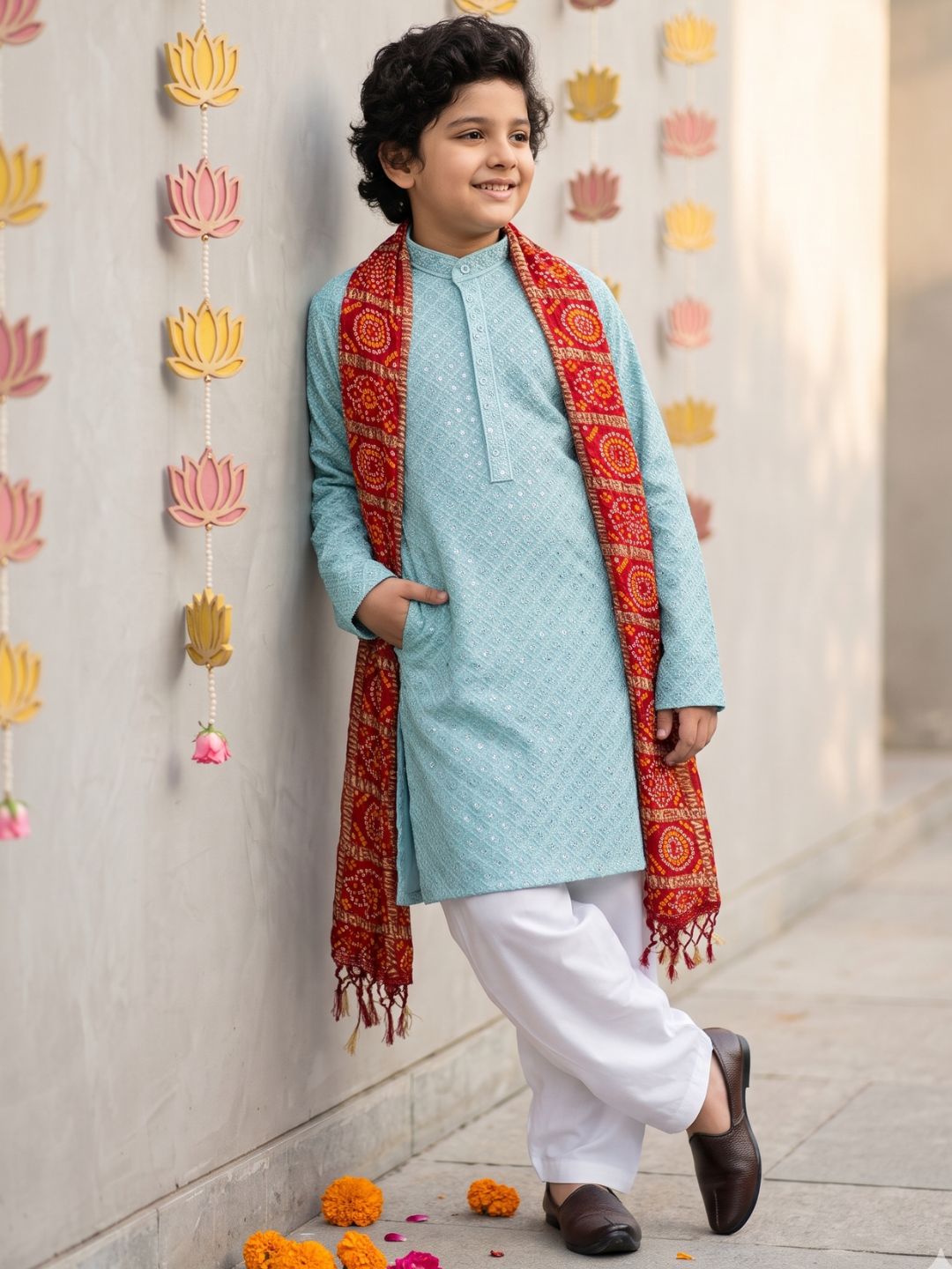 Powder Blue Sequence Embroidery Cotton Blend Kurta Pyjama With Red Dupatta Set For Boys